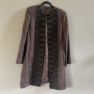 LINDA ALLARD ELLEN TRACY Coat Womens 10 Brown linen embroidered Art To Wear